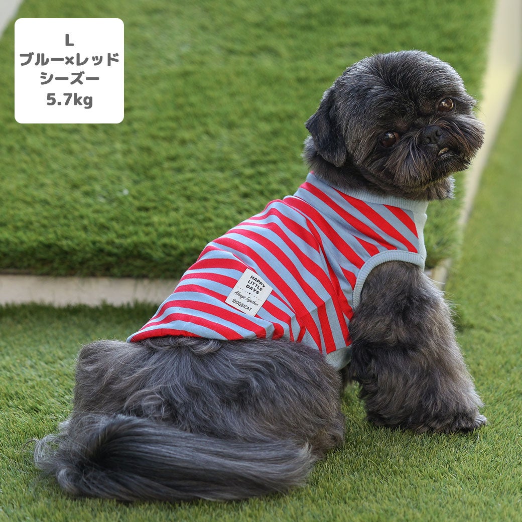 シーズー5.7kg(首27/胴39/丈35cm)のつぶくんはブルー×レッドのLを着用