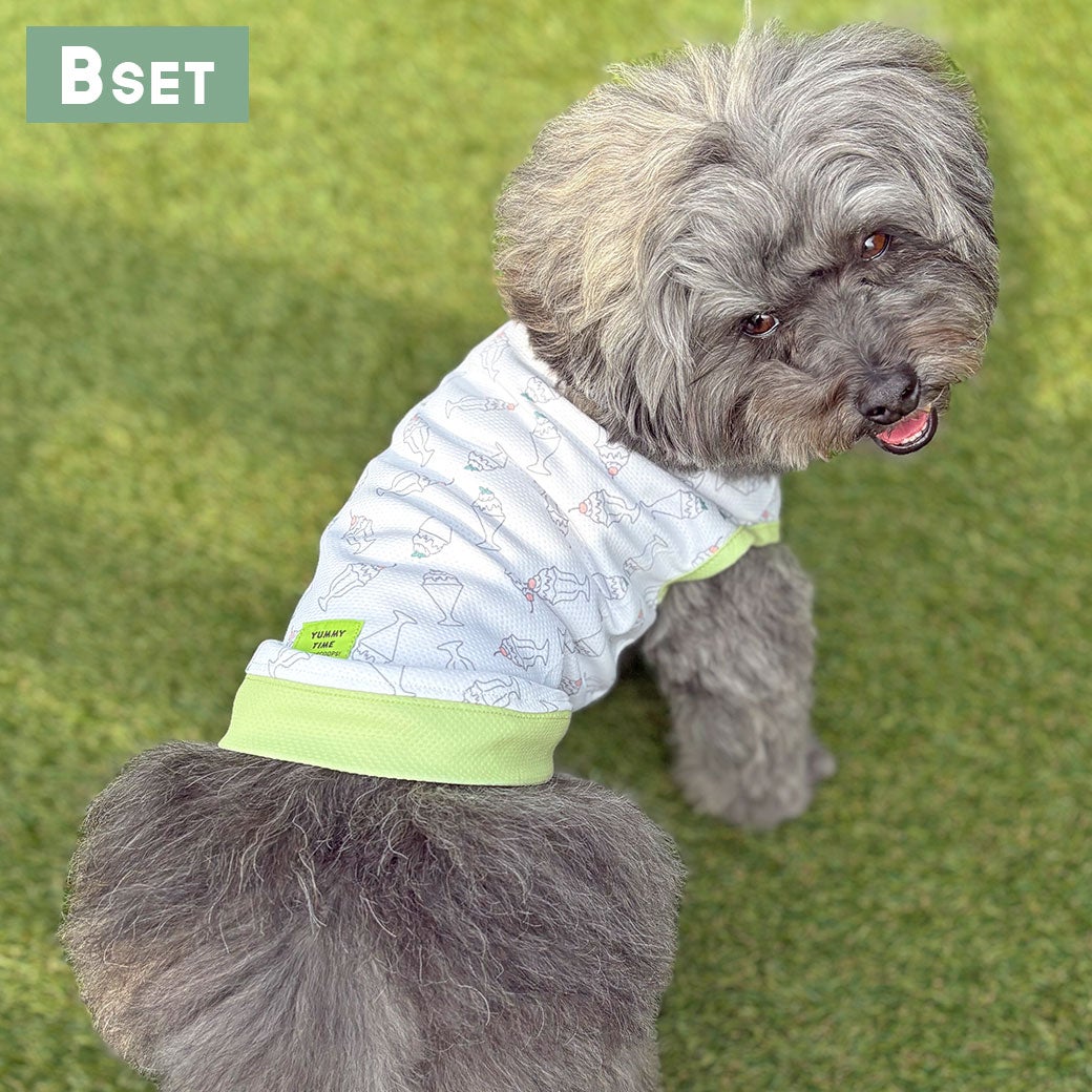 トイプー2.3kg(首18/胴31/丈24cm)のメルシーちゃん(左)とトイプー1.9kg(首17/胴29/丈22cm)のメリナちゃん(右)はチェリーセットのSを着用