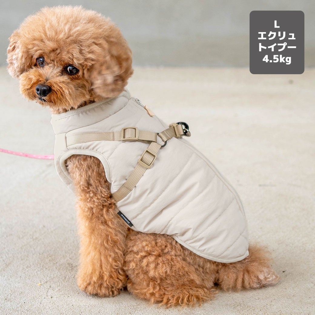 トイプードル4.5kg(首24/胴40/丈30cm)の里梨衣ちゃんはエクリュのLを着用