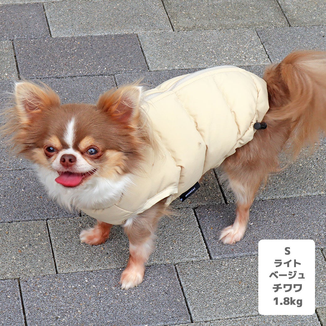 チワワ1.8kg(首18/胴29/丈21cm)の玉青ちゃんはライトベージュのSを着用