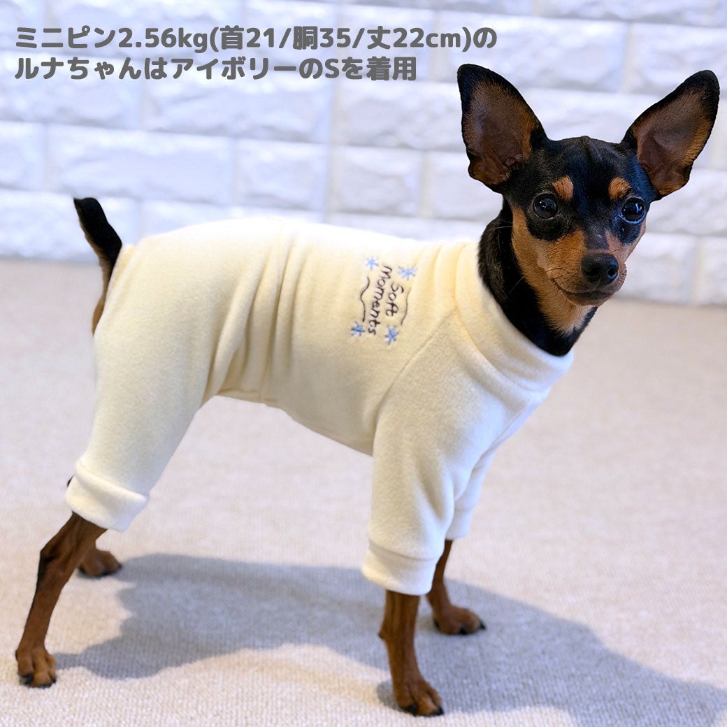 ミニピン2.56kg(首21/胴35/丈22cm)のルナちゃんはアイボリーのSを着用
