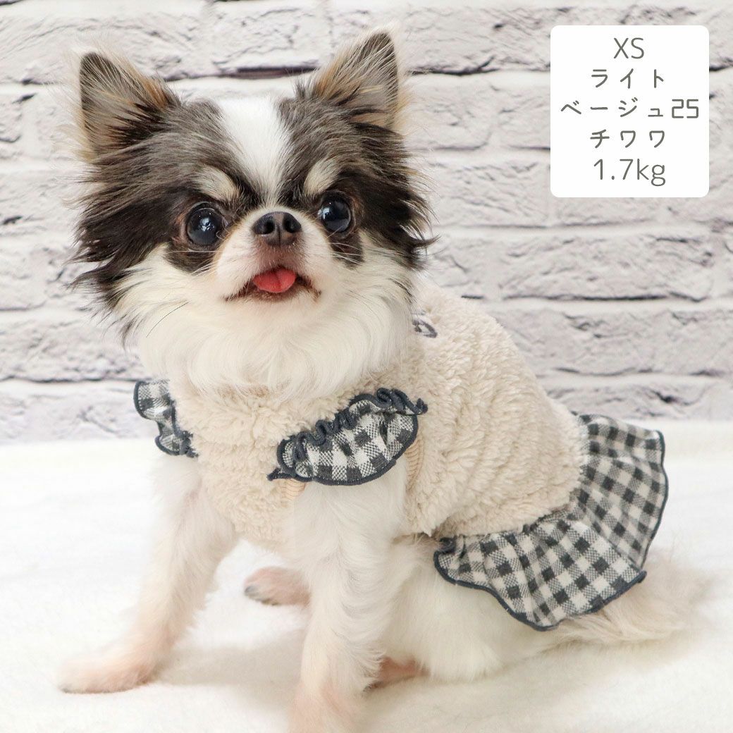 チワワ1.7kg(首18/胴27.5/丈18cm)の小真知ちゃんはライトベージュ25のXSを着用