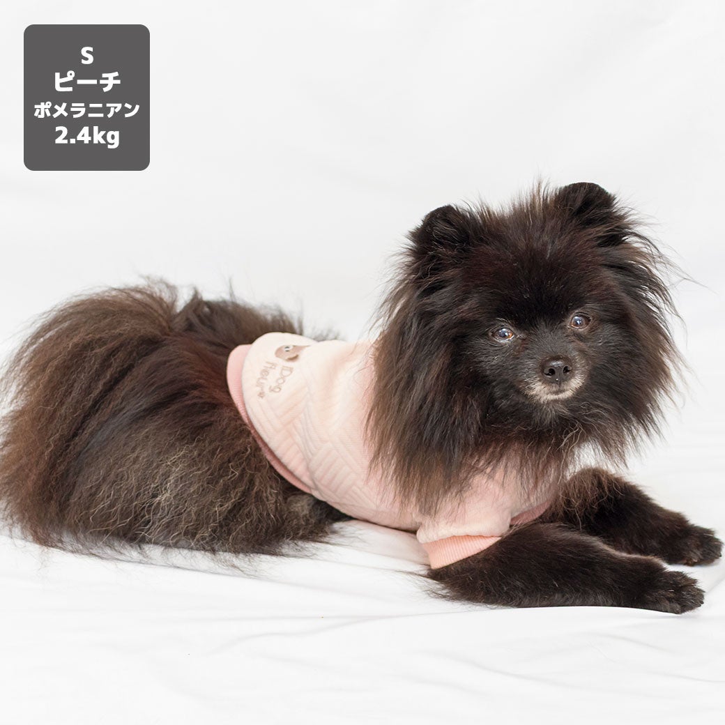 ポメラニアン2.4kg(首19/胴32/丈26cm)のはちみつちゃんはピーチのSを着用