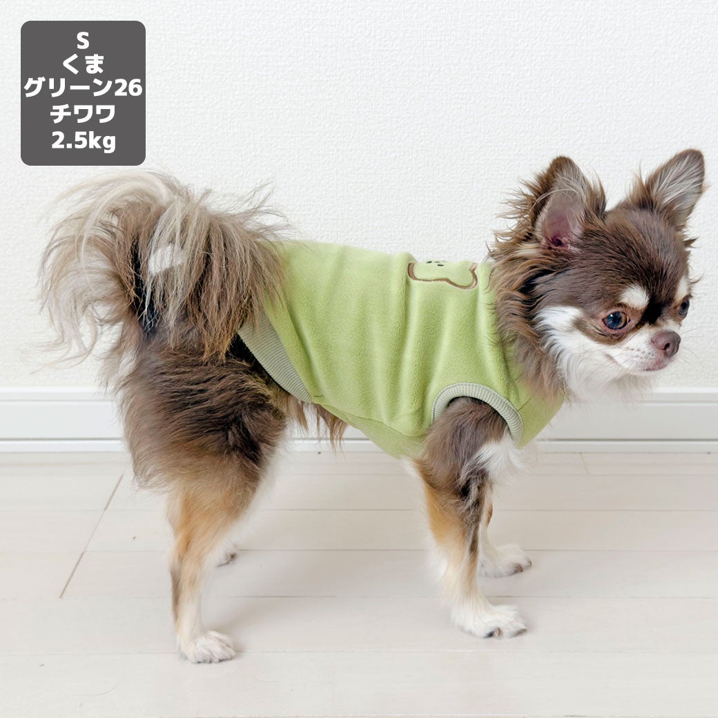 チワワ2.5kg(首20/胴35/丈33cm)のピクルスくんはくまグリーン26のSを着用