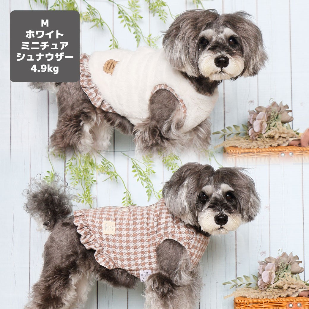 ミニチュアシュナウザー4.9kg(首23/胴40/丈30cm)のあろあちゃんはホワイトのMを着用